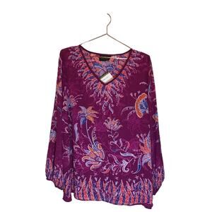 Bob Mackie floral semi sheer v neck blouse new with tag size 1X